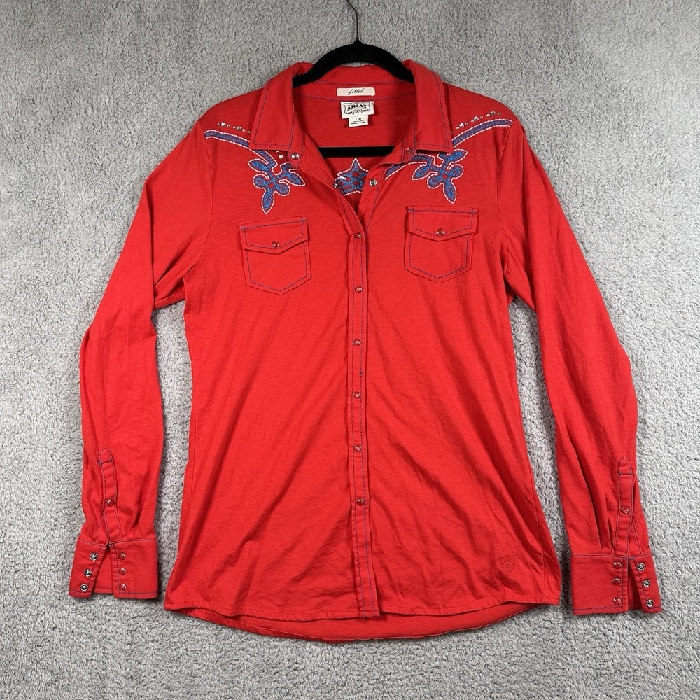 Ariat Fitted‎ Western Snap Down Shirt Womens Size L Plus Embellish Red Stretch